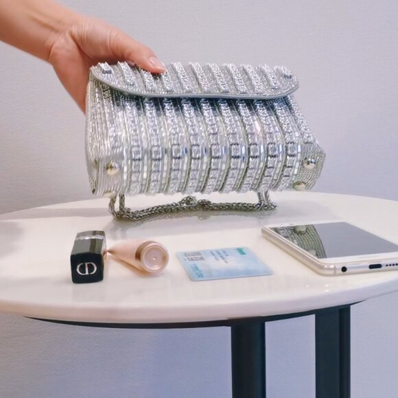 Neiman Marcus Rhinestone Round Block Silver Evening Shoulder Bag - Picture 4 of 6